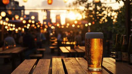 夕焼けに染まるビアガーデンで生ビールを飲む