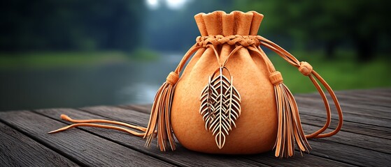 Tan leather pouch with leaf pendant