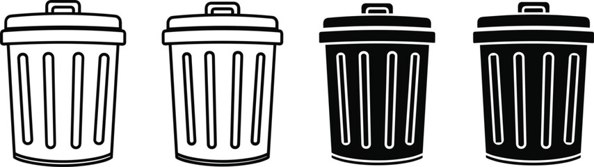 Set of four trash can or garbage bin icons in outline and filled styles, representing waste disposal, recycling, delete function, clean up, and environmental responsibility.