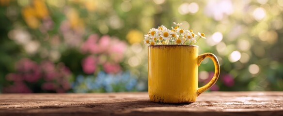 The yellow mug filled with fresh flowers in a vibrant garden setting.