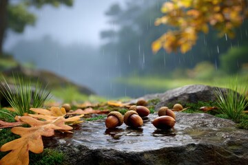 Fototapeta premium Acorns and Autumn Leaves on Wet Forest Rock in the Rain
