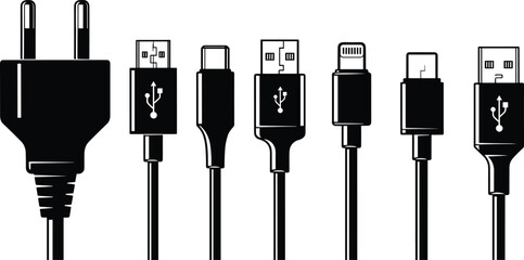 Collection of various black and white power and USB connector icons including plug, micro USB, USB-C, lightning, and standard USB, representing connectivity and charging technology.