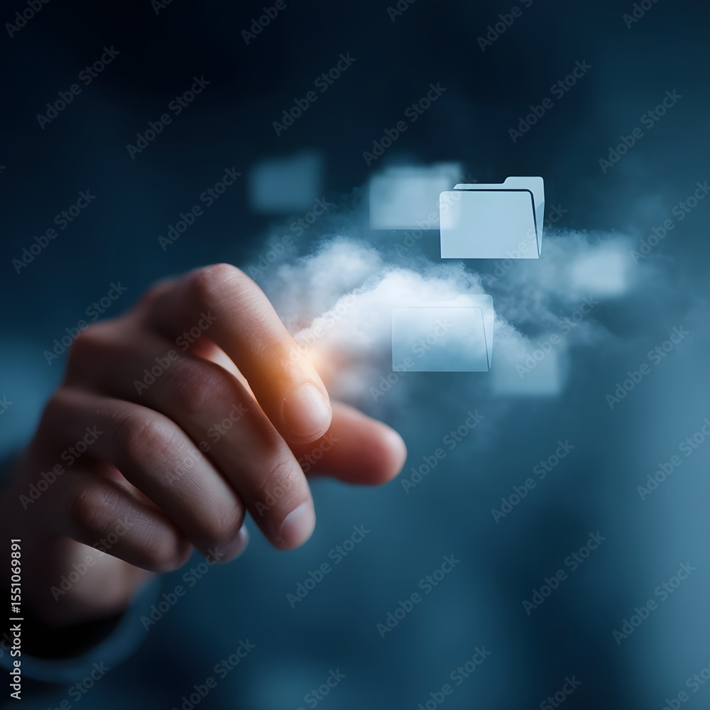 Poster hand swiping across floating cloud file management interface