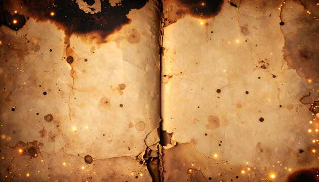 An open, aged book with scorched, stained pages and glowing embers, suggesting a mystical or ancient artifact