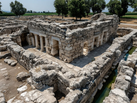 An aerial view of the archaeological site of Megiddo in Israel
