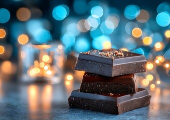 Dark chocolate pieces stacked, blurred lights