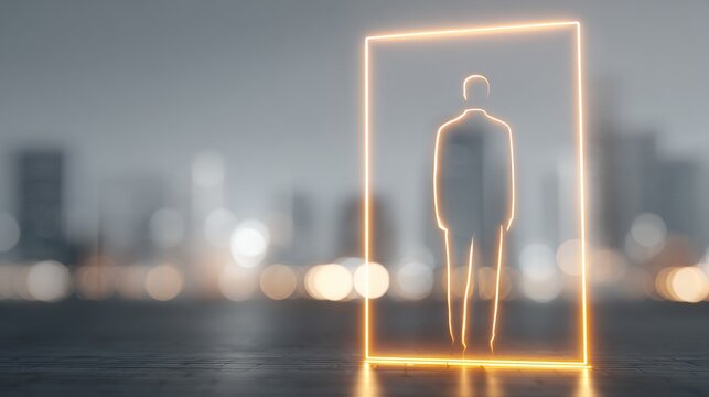 A digital silhouette of a person framed in glowing light against a city backdrop.