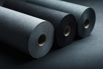 Three rolled fabric samples in varying shades of dark gray and black, displayed on a matching surface