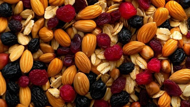 A mix of nuts, dried fruits, and oats, featuring almonds, cranberries, and raisins.