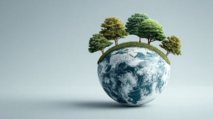 A globe with green trees symbolizes environmental protection and sustainability.