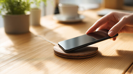 hand placing smartphone on wireless charger