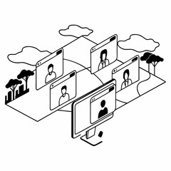 Naklejka premium Isometric Global Remote Team Collaboration Scene with Cloud Computing and Project Management Apps