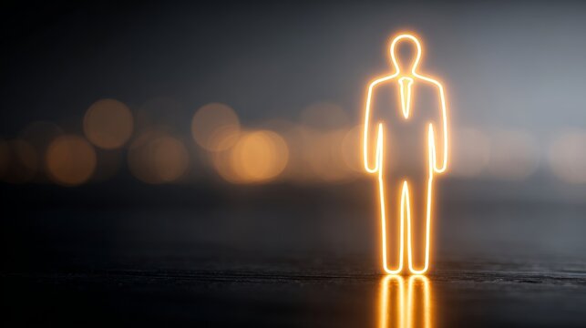 A glowing outline of a businessman standing confidently against a blurred backdrop.