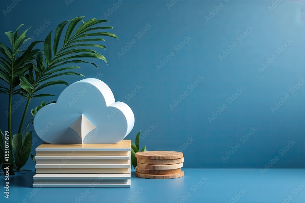 Poster secure online data cloud solutions with virtualization and tranquil blue background