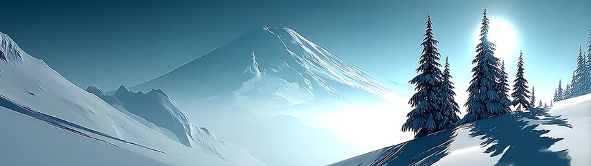 Snowy mountain landscape with evergreen trees