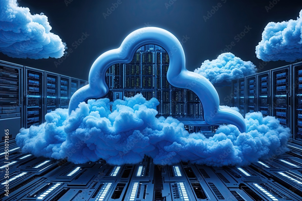 Poster innovative blue cloud design showcasing advanced data storage and networking solutions