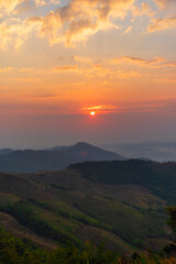 Vertical Beautiful Mountain landscape foggy windy mountain range green landscape asian farm. Vertical Amazing Landscape mountain green field meadow white cloud blue sky sunrise. Countryside scenery