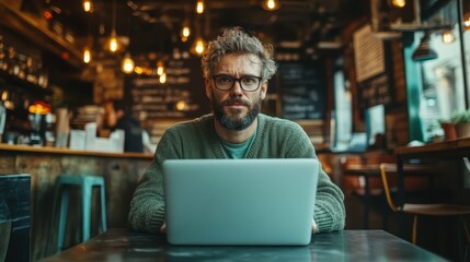 This portrait of a man in a cozy café emphasizes his focus on the laptop, highlighting the blend of creativity, productivity, and a relaxed atmosphere conducive for inspiration.