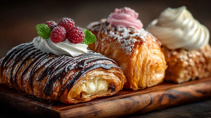 Close up of three pastries with cream and fruit toppings on a wooden serving board surface