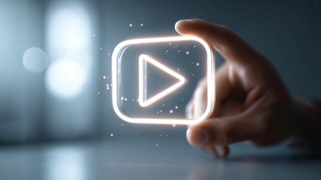 A hand holding a glowing play button icon, symbolizing digital media and interaction.