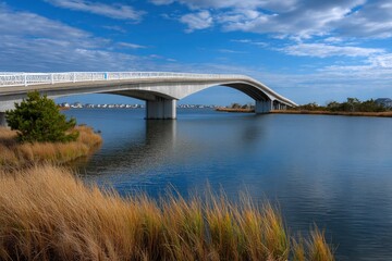 Fototapeta premium Concrete bridge spans water connecting land with marsh grass in foreground under a blue sky