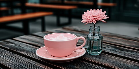 Pink drink and flower on a wooden table