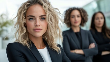 A confident woman leads a group of professional colleagues, embodying empowerment and teamwork, with a breathtaking backdrop that fosters ambition and success in a business environment.