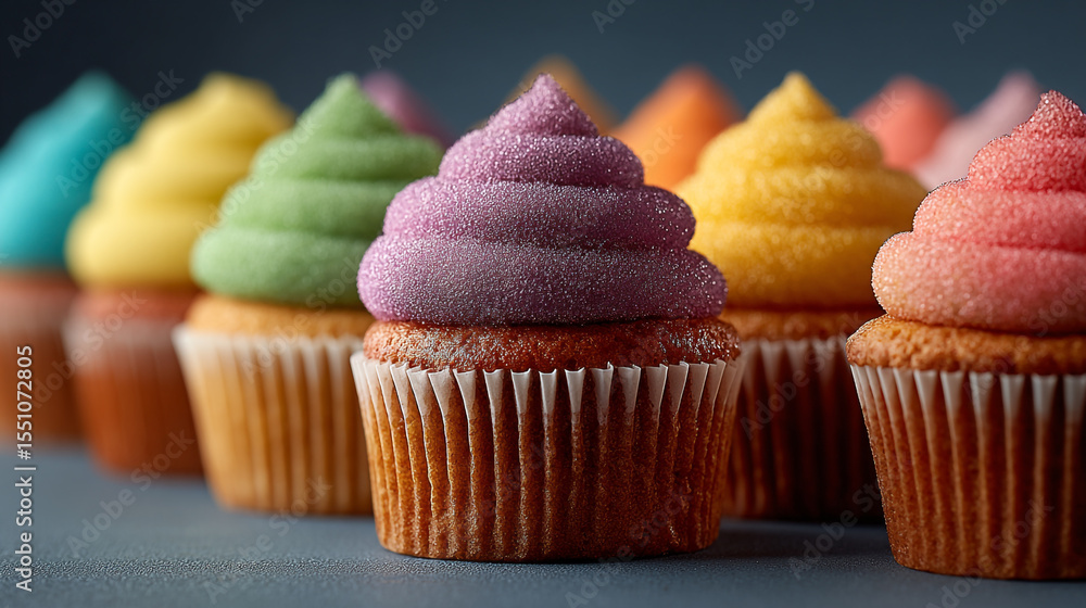 Poster A row of colorful cupcakes with frosting in various colors lined up on a blue surface closeup view