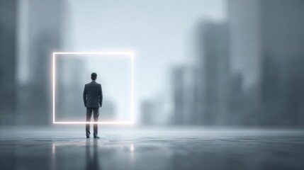 A lone figure stands in a futuristic urban space, contemplating choices and opportunities.