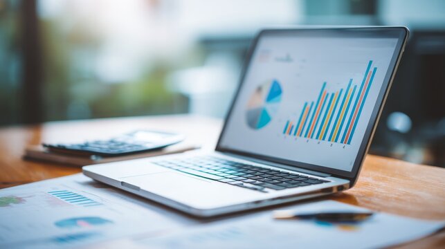 A laptop displaying colorful graphs and charts on a wooden desk. - Powered by Adobe