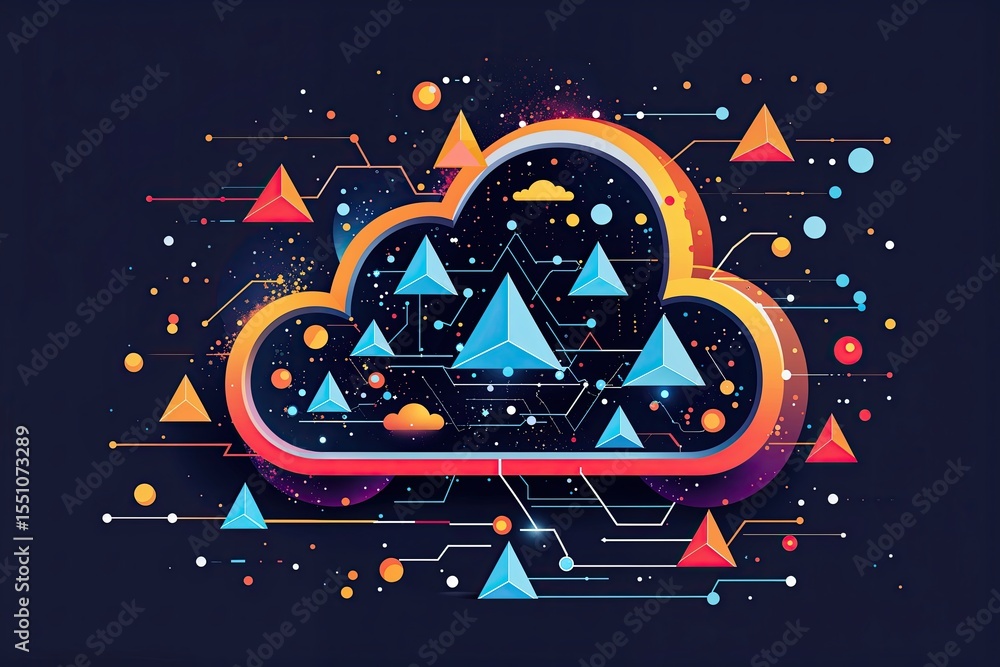 Poster cloud data storage network vector art featuring triangles and particles design