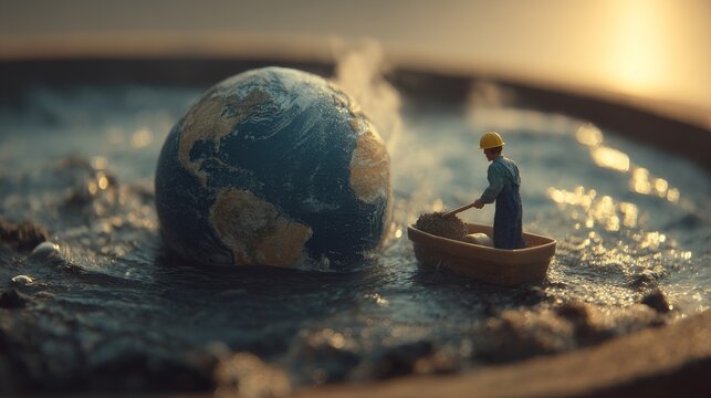 A miniature person rows a boat on a symbolic globe, representing environmental awareness. - Powered by Adobe