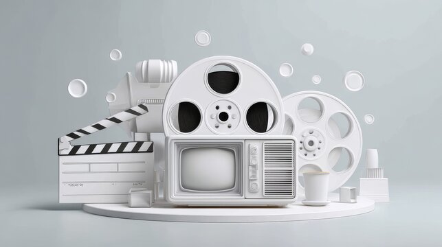 A minimalist design showcasing vintage film equipment on a soft background.