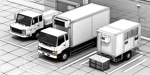 Delivery Trucks in a Parking Lot