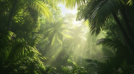 Sunbeams Illuminating Lush Tropical Rainforest