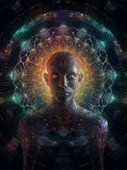 Futuristic digital being with glowing eyes and radiant halo in cosmic spiral energy structure.
