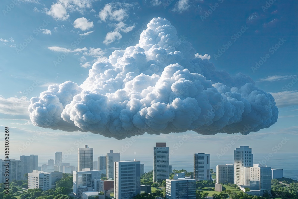 Poster innovative cloud computing solutions and secure online storage with 3d render of luminous white clou