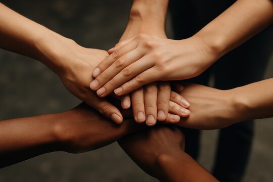 Diverse hands of different skin tones are stacked together in a collaborative gesture, symbolizing unity, teamwork, and support in a creative and inspiring environment