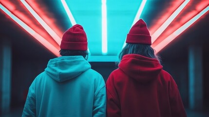 Silhouetted figures of two friends in vibrant beanies stand side by side, captivated by neon lights illuminating their surroundings with an energetic, urban vibe.