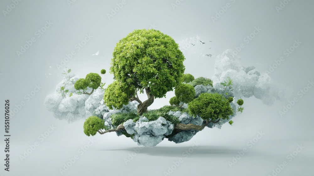 Poster a surreal tree floating on clouds, symbolizing nature and creativity in a dreamlike setting.