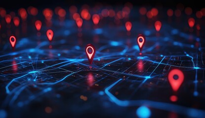 Digital map with glowing location markers