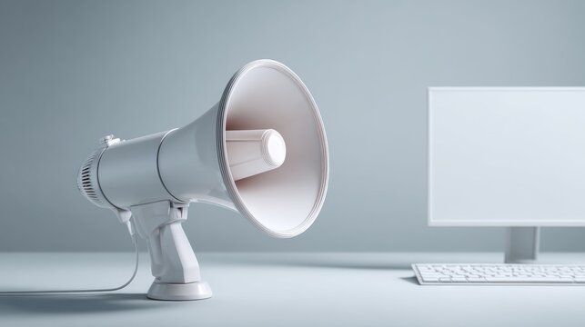 A white megaphone next to a blank computer monitor for effective communication.