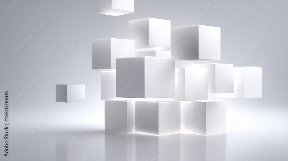 Poster abstract design featuring floating white cubes on a clean background.