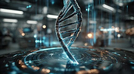 3D spinning digital DNA strand with glowing neon particles on a holographic interface background perfect for biotechnology explainer videos, medical animations and sci-fi intros - Powered by Adobe