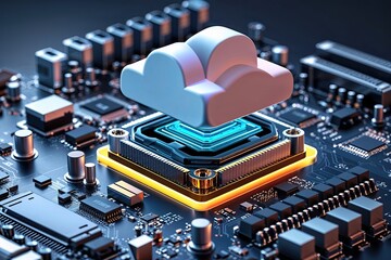 Advanced Cloud Data Management System Featuring 3D Motherboard Graphics and Transfer Icon