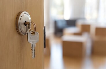 A key in a door lock, opening to a room in the process of moving