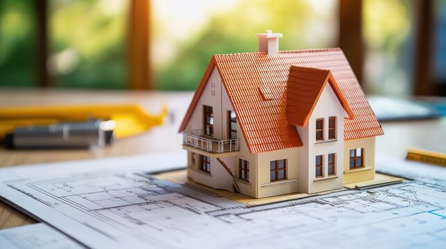 A miniature model of a house with a red roof and white walls, placed on a blueprint with a green and blue background. - Powered by Adobe