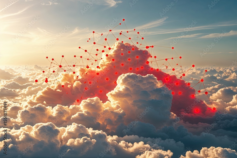 Poster golden clouds with radiant red nodes illustrating cloud technology and network systems