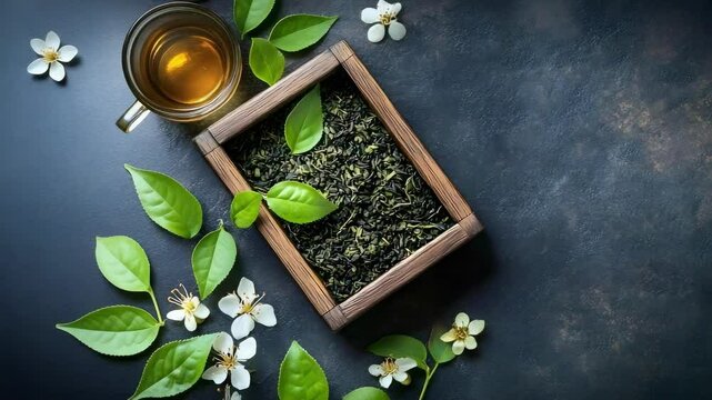 A wooden box of loose green tea leaves, fresh green leaves, jasmine flowers, and a cup of tea on a dark background.