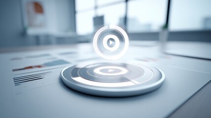 Futuristic holographic interface on desktop with charts and data visualization.